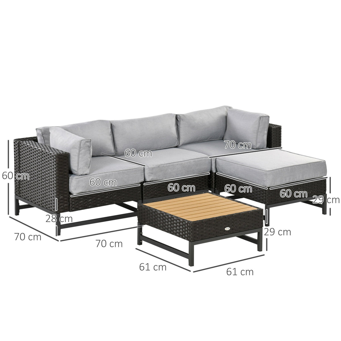 5 Piece Outdoor PE Rattan Corner Sofa Set with Cushions, Wicker Rattan Garden Furniture with Wood-Effect Top Table, Brown