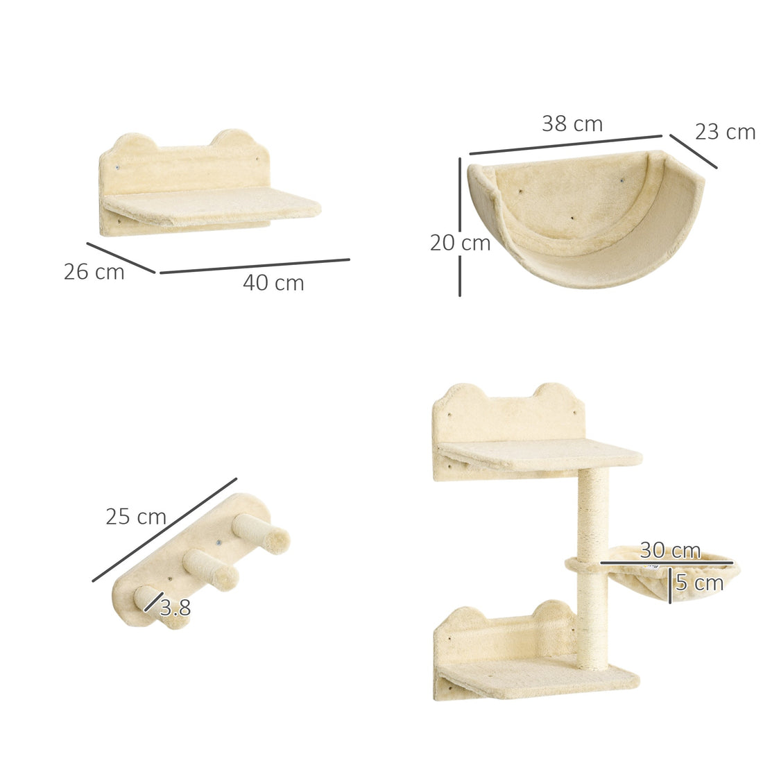 4PCs Wall-Mounted Cat Shelves w/ Scratching Post, Hammock, Nest - Beige