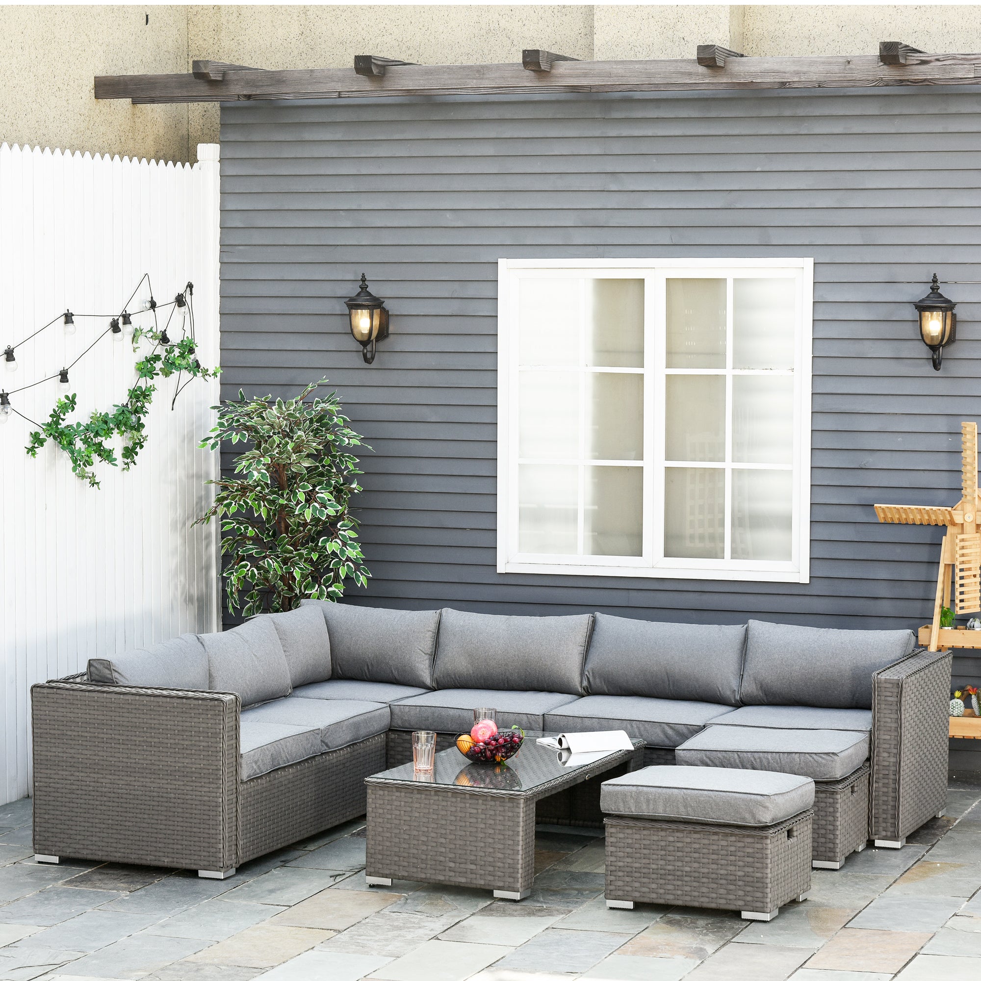 6 Pieces Outdoor PE Rattan Wicker Corner Sofa Set with 10cm Thick Padded Cushions, Aluminium Conservatory Furniture with Glass Top Coffee Table, Footstools, Grey