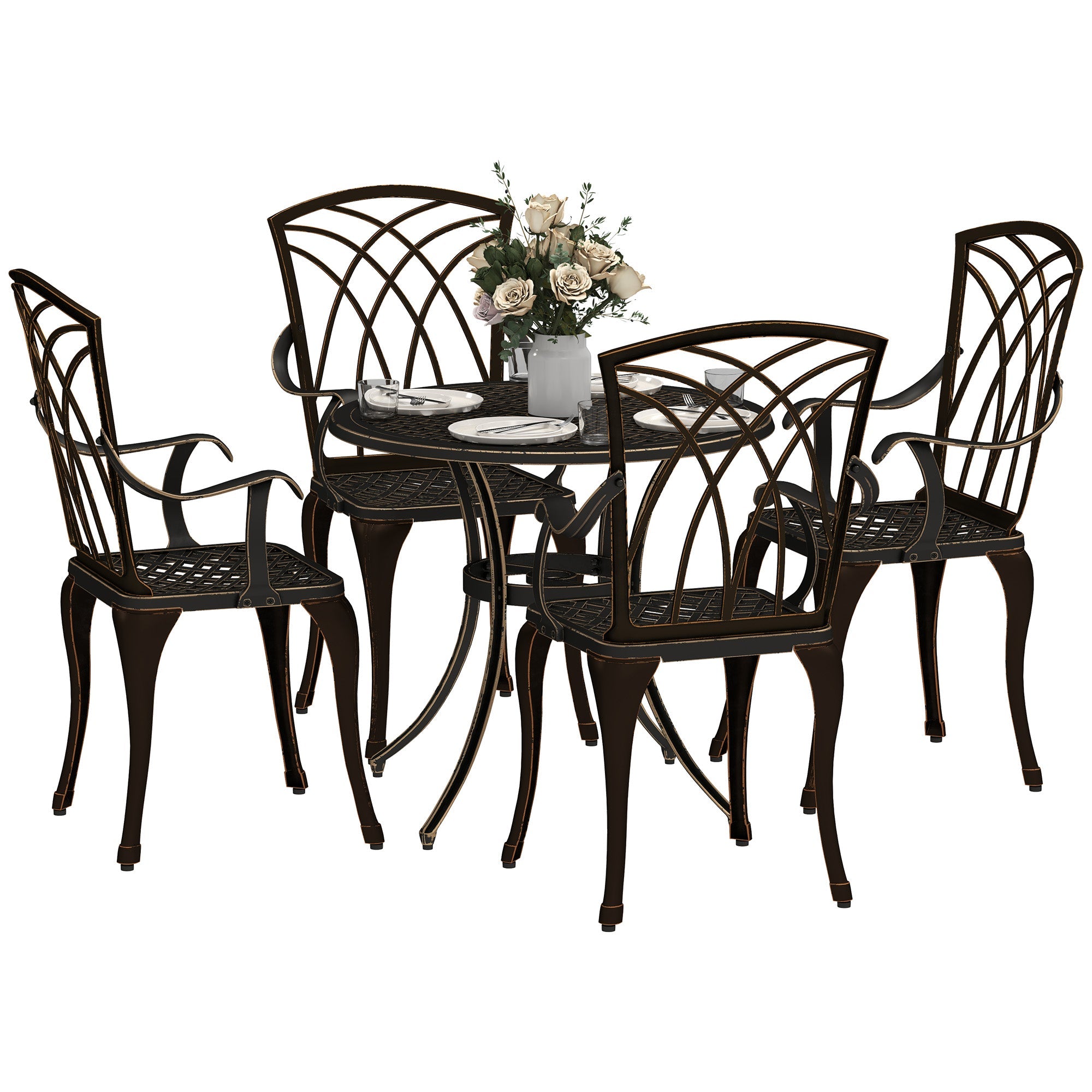 5 Pieces Garden Dining Set for 4, Cast Aluminium Outdoor Dining Set with 4 Armchairs and Round Dining Table with Parasol Hole, Garden Furniture Set, Bronze Tone