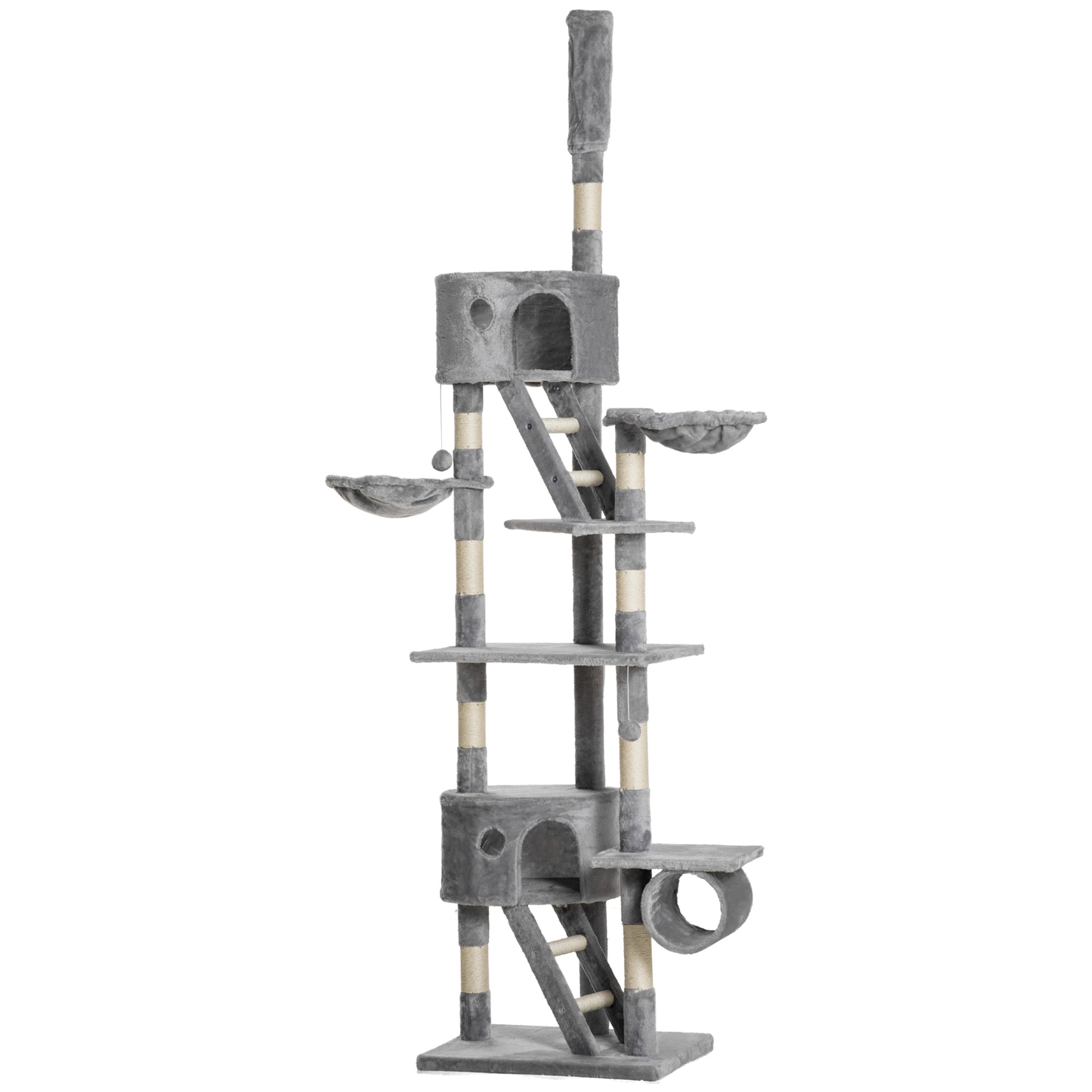 Floor to Ceiling Cat Tree for Indoor Cats, 240-260cm, Adjustable Height - Light Grey