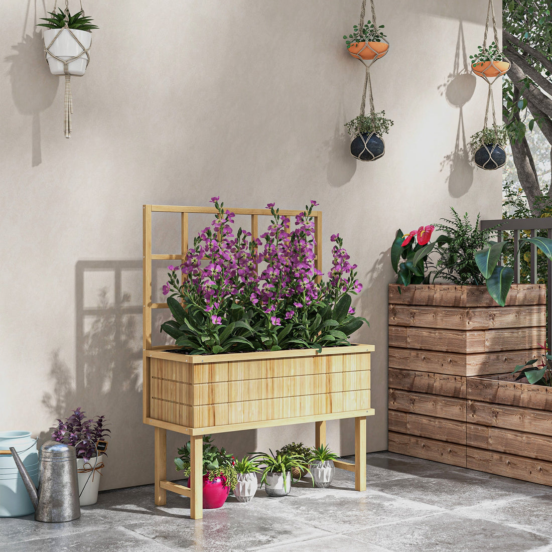 45 x 105cm Wooden Garden Planter, with Trellis - Natural