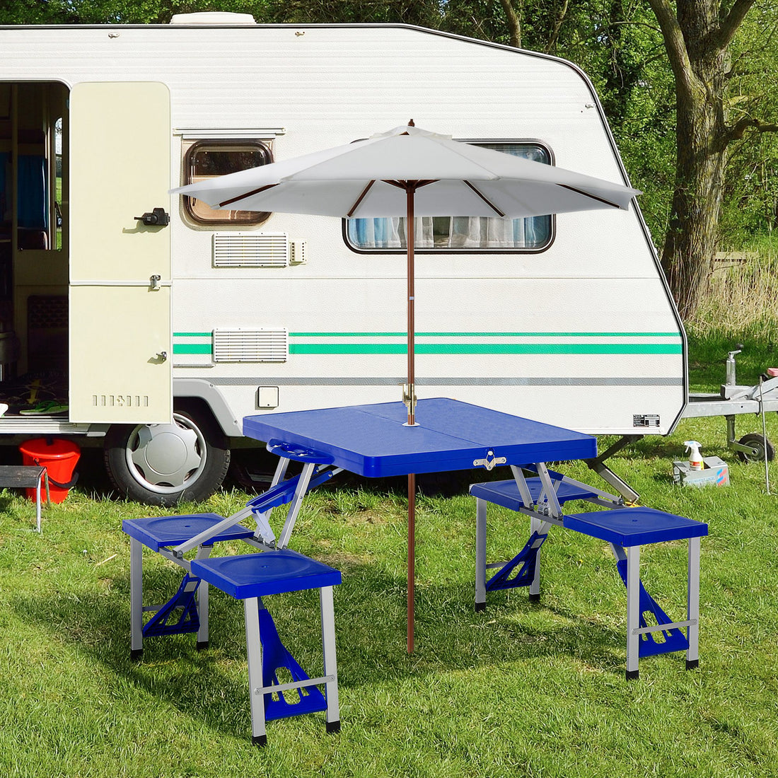 4 Seater Aluminum Portable Picnic Table with Foldable Seats Blue