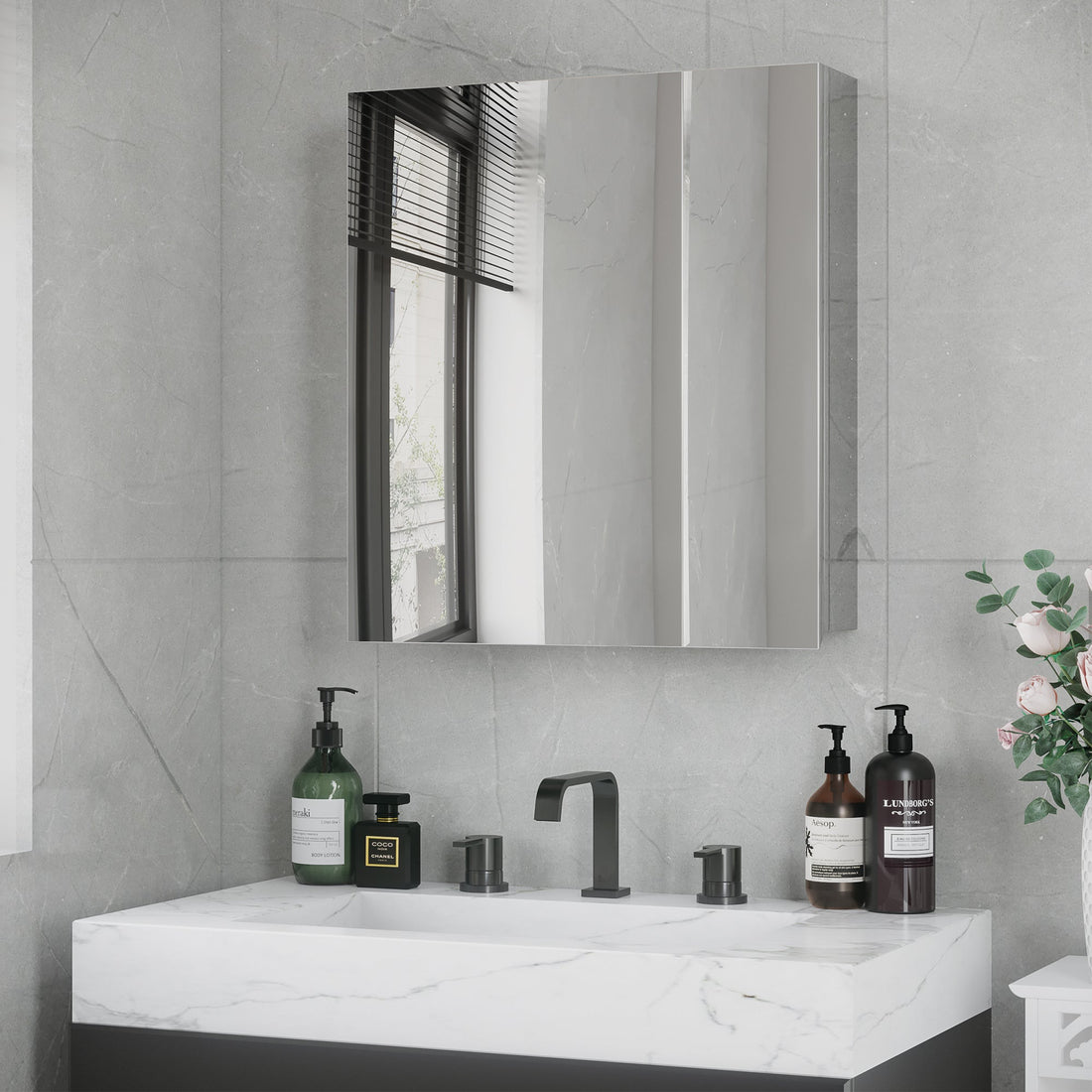 Bathroom Mirror Cabinet, Wall Mounted Medicine Cabinet with Hinged Door, Storage Shelves for Laundry Room
