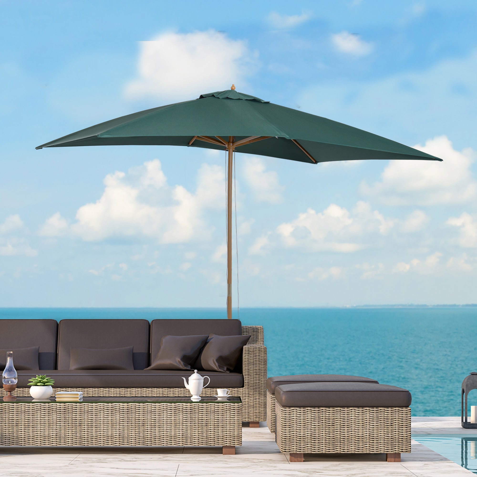 2 x 3m Wooden Garden Parasol Umbrella Outdoor Sun Shade Canopy, Green