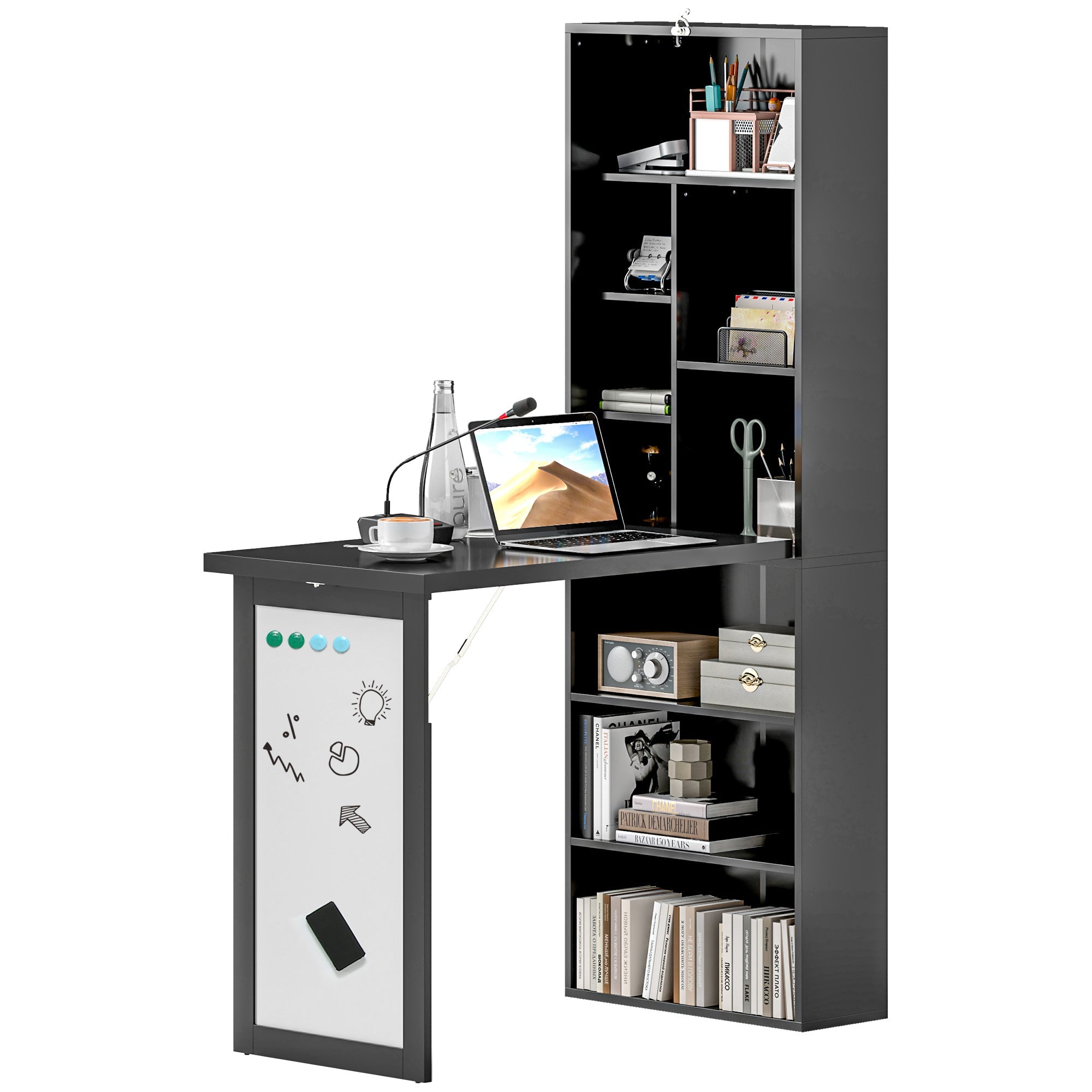 Three-Part Work Desk, with Storage and Writing Board - Black