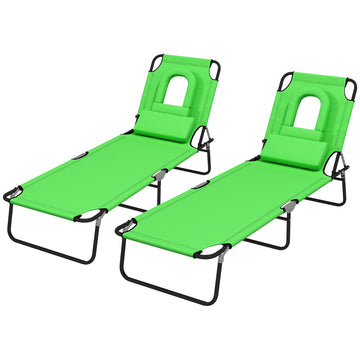 Outdoor Folding Sun Lounger Set of 2 with Face Hole, 4 Level Adjustable Backrest Reclining Garden Lounger, Garden Recliner Sunbed with 600 D Oxford Cloth Seat and Pillow for Beach, Green