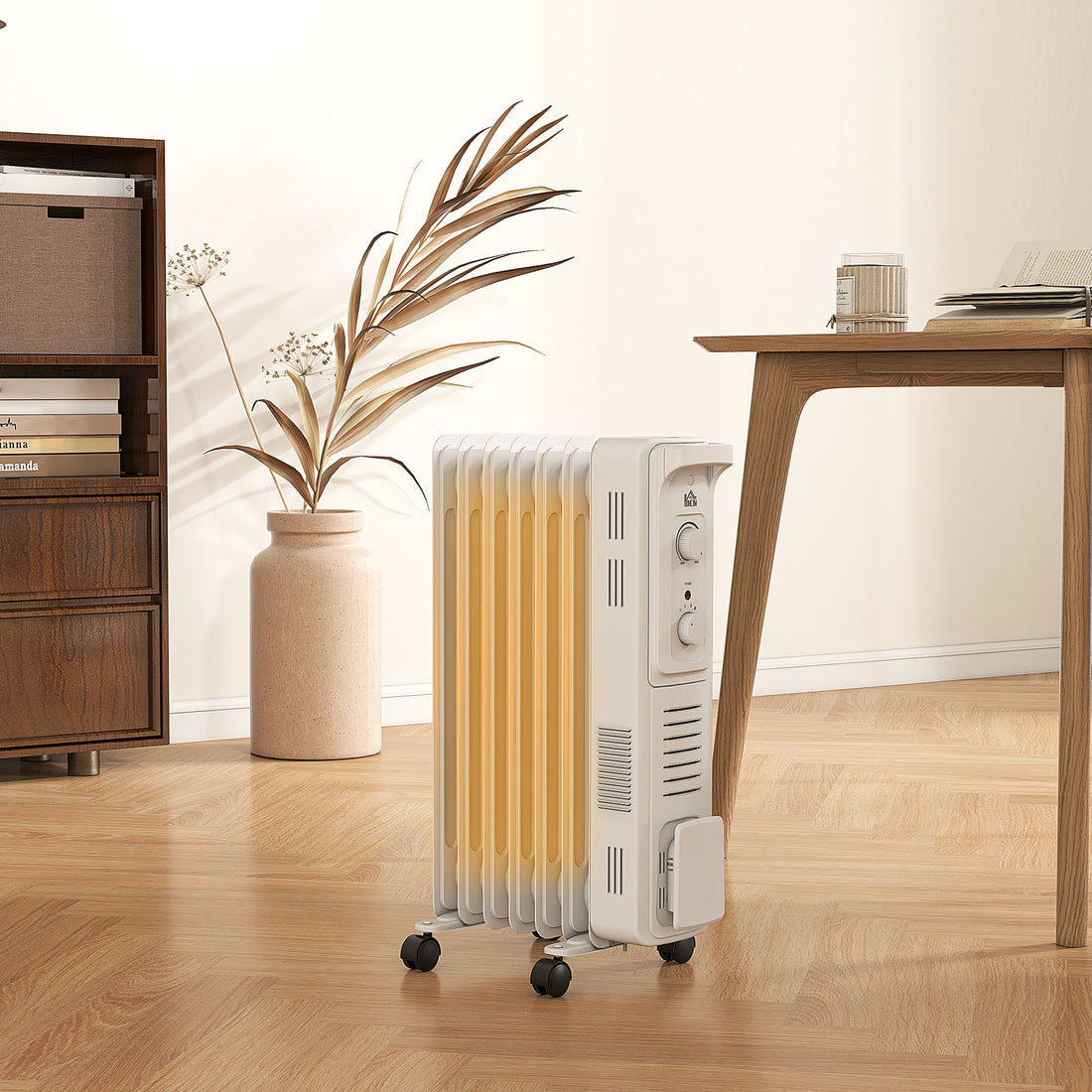 1500W Quiet Oil Filled Radiator, 7 Fin Energy Efficient Portable Electric Heater with 3 Heat Settings, Adjustable Thermostat, Safety Tip Over, Overheat Protection, for Home, White