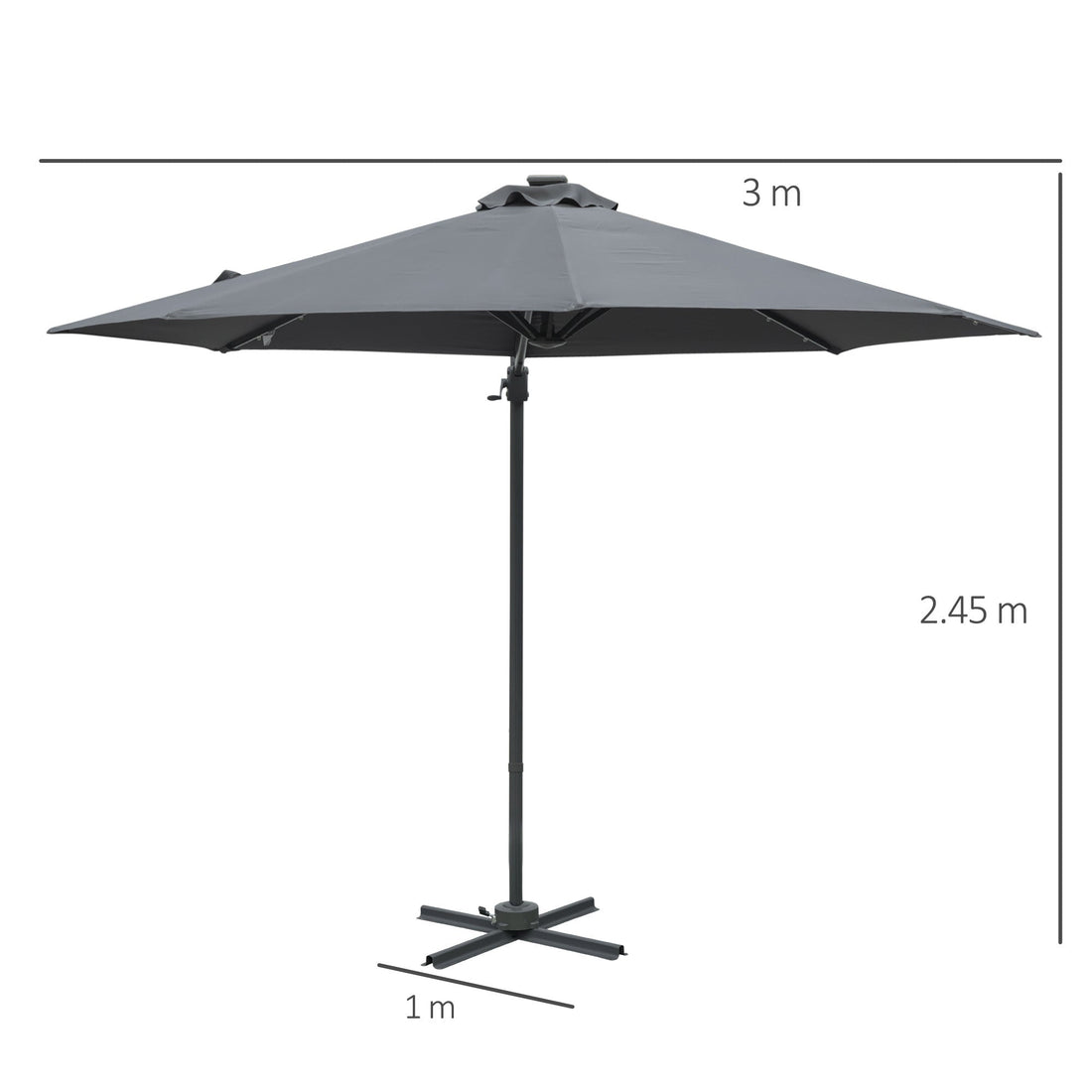 3(m) Cantilever Roma Parasol Patio Sun Umbrella with Crank & Tilt LED Solar Light Cross Base 360° Rotating Outdoor, Dark Grey
