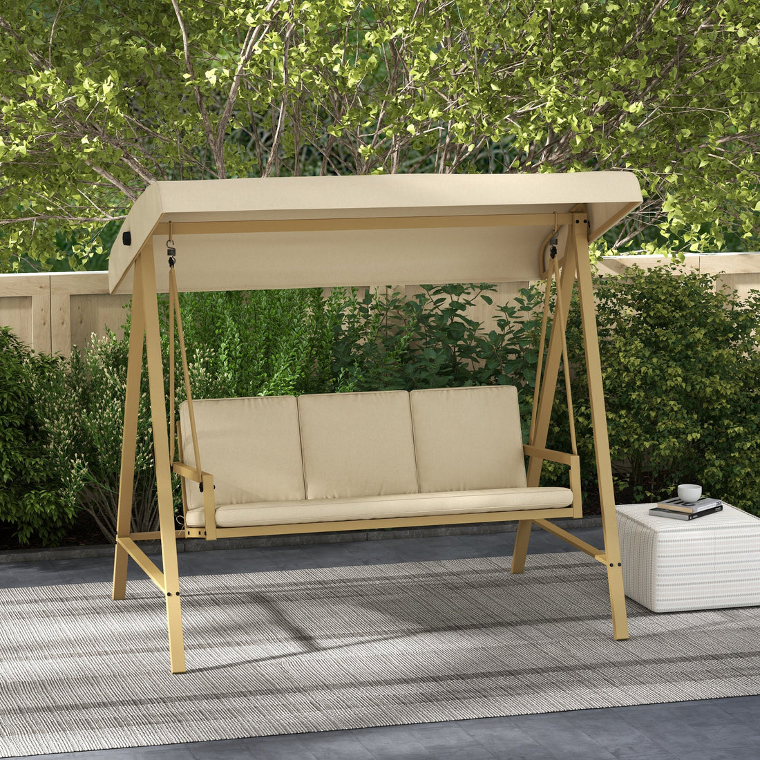 Three-Seat Garden Swing Chair, with Adjustable Canopy - Beige