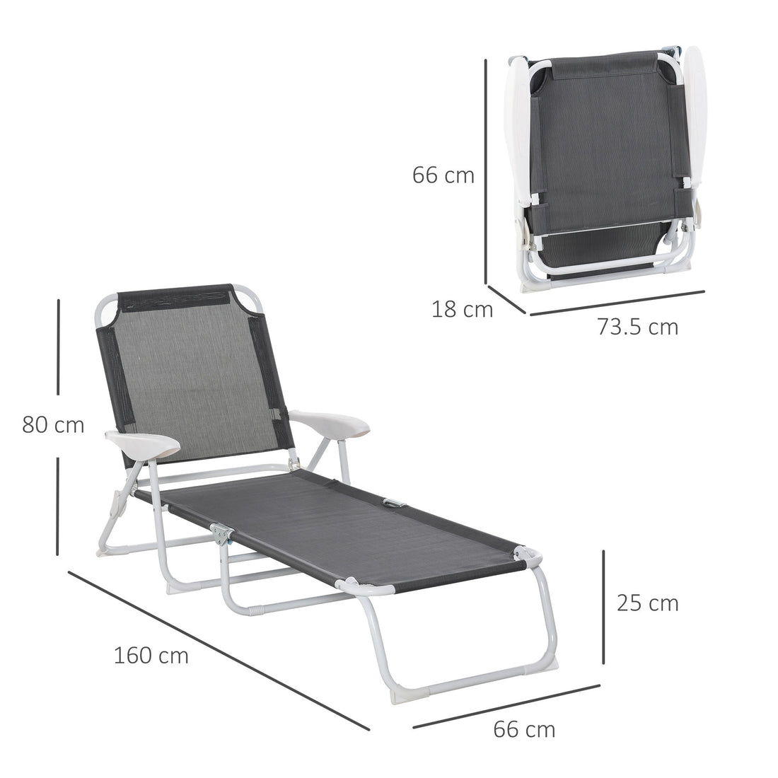 Foldable Sun Lounger, Outdoor 4 Level Adjustable Backrest Reclining Lounge Chair with Armrests for Patio, Garden, Dark Grey