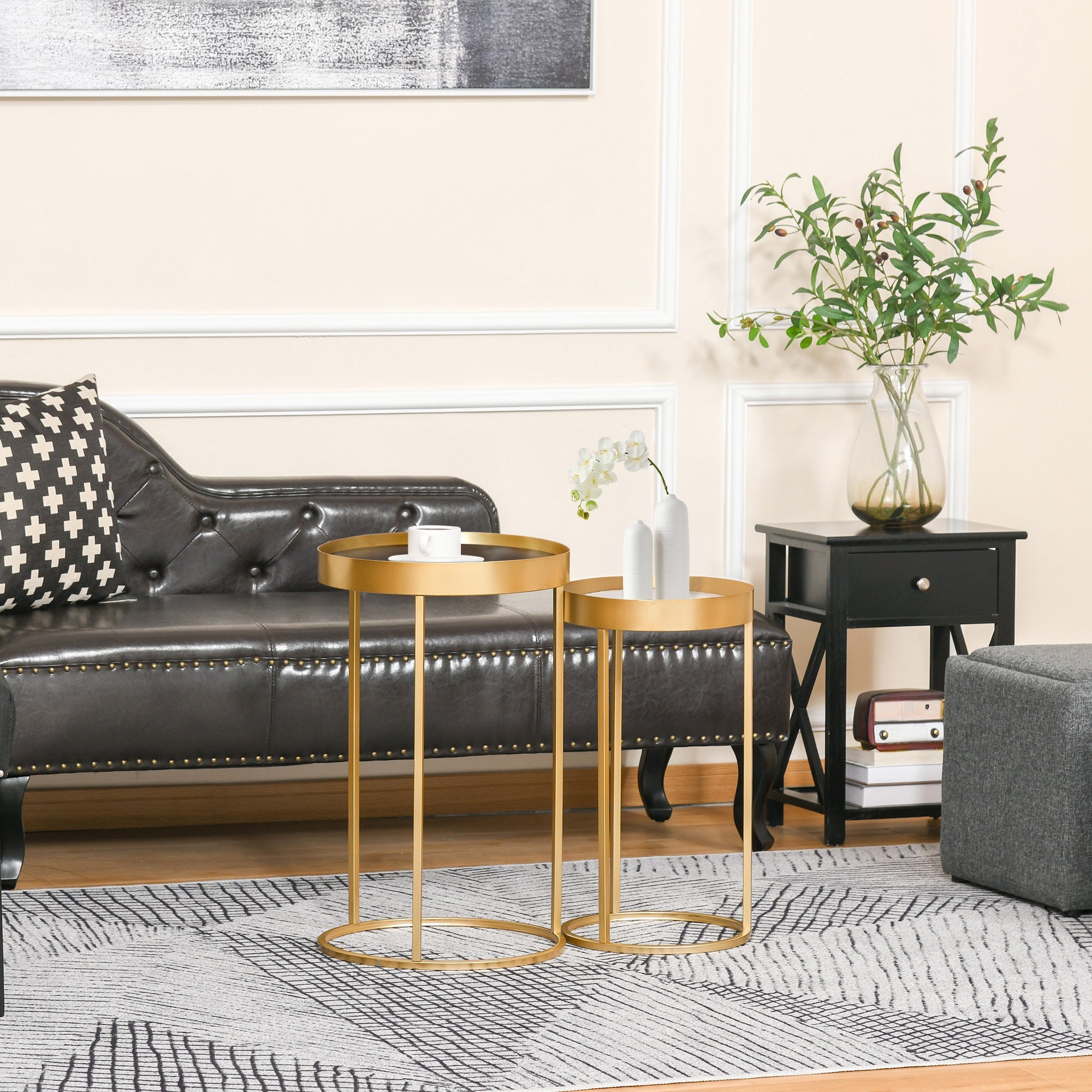 Nest of Tables, Round Coffee Table Set of 2, Nesting Tables with Embedded Tabletop and Metal Frame, Gold Side Table for Living Room, Bedroom
