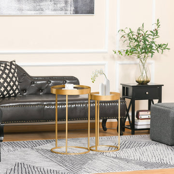 Nest of Tables, Round Coffee Table Set of 2, Nesting Tables with Embedded Tabletop and Metal Frame, Gold Side Table for Living Room, Bedroom
