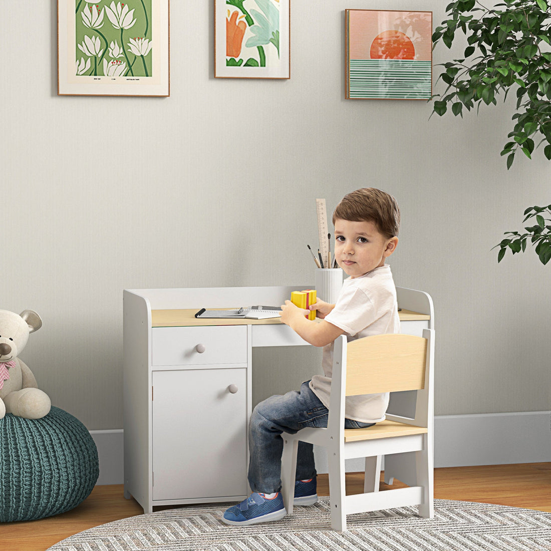Kids Desk and Chair Set for 3-6 Years with Storage Drawer, Study Table and Chair for Children - White