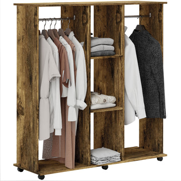 Open Wardrobe Double Mobile Storage Shelves Organizer W/6 Wheels-Rustic Brown
