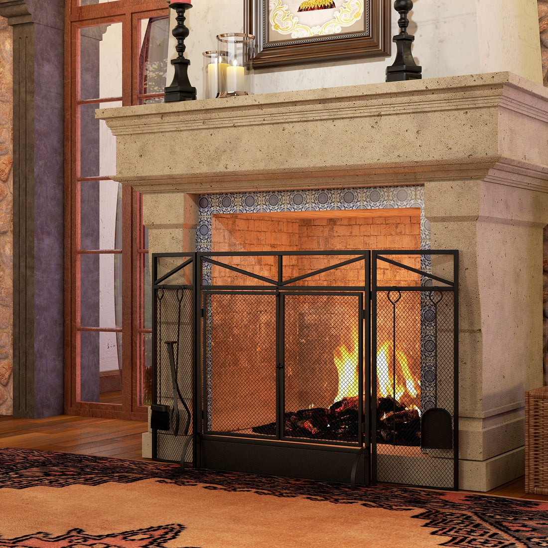 3 Panel Folding Fire Guard Screen with Fireplace Tool Sets and Front Doors, Freestanding Fire Screen Spark Guard with Feet for Open Fire, Log Burner, Fireplace, 122 x77 cm, Black