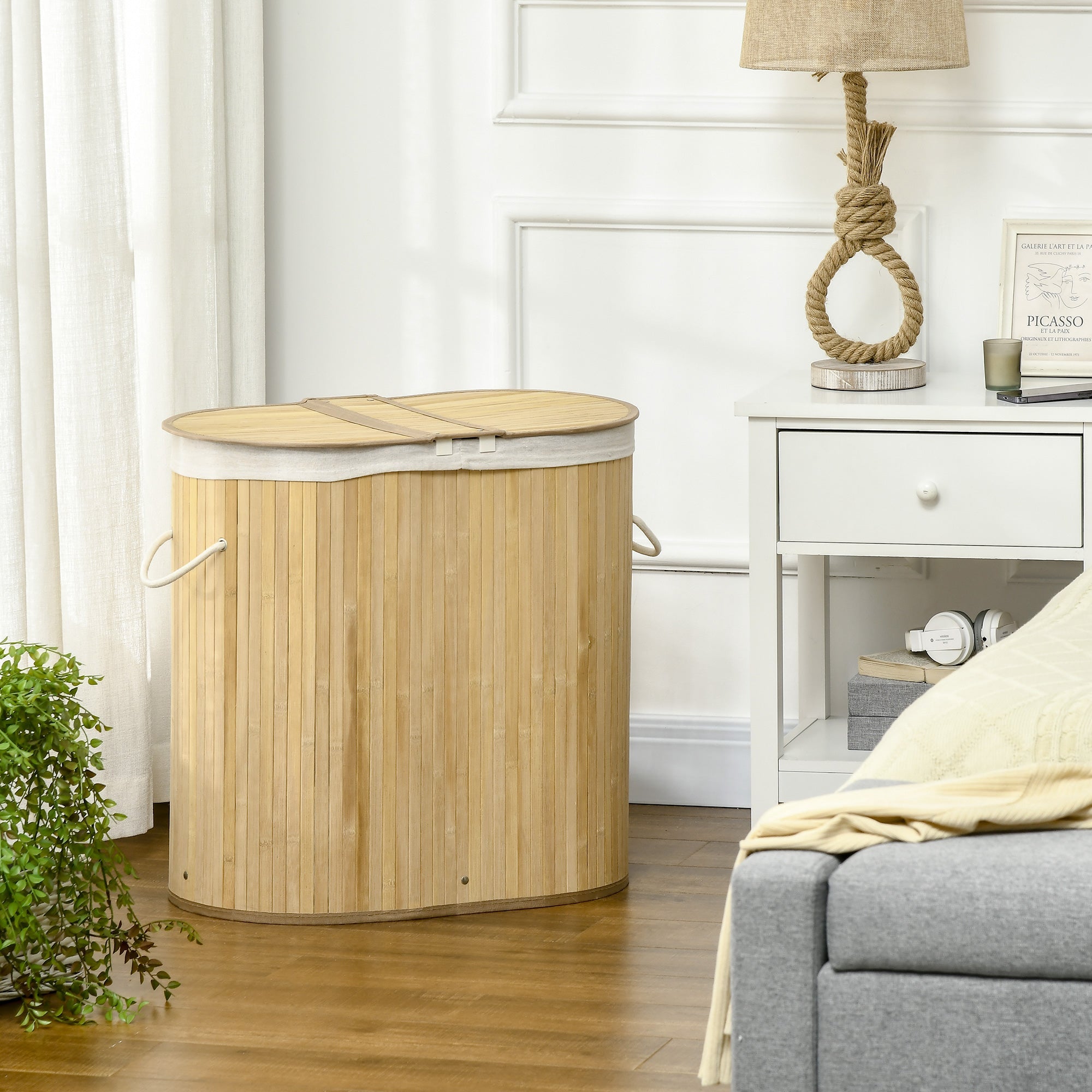 Bamboo Laundry Basket with Lid, 100 Litres Laundry Hamper with 2 Sections, Removable Washable Lining, Washing Baskets, 62.5 x 37 x 60.5cm, Natural