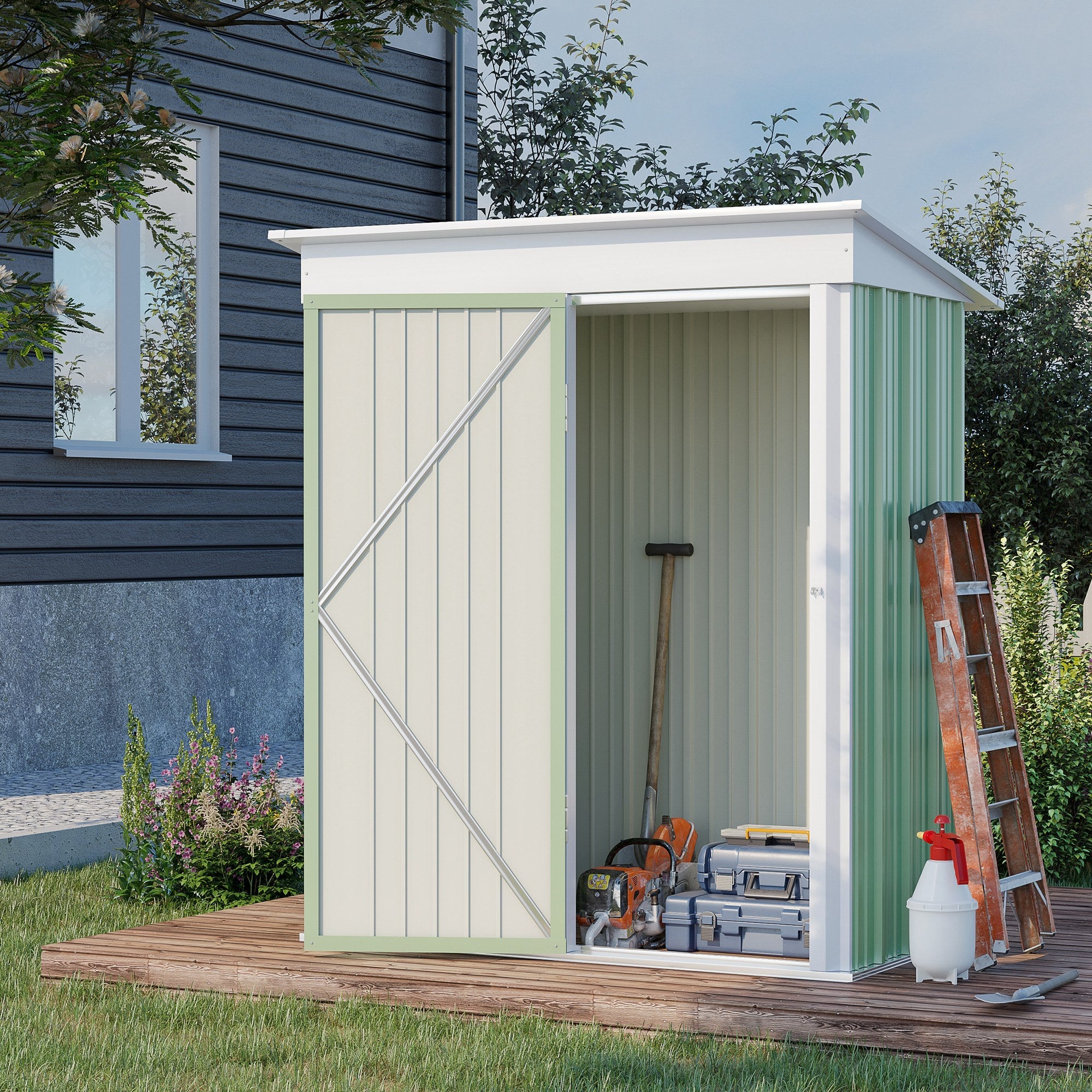Metal Garden Shed, Outdoor Lean-to Shed for Tool Motor Bike, with Adjustable Shelf, Lock, Gloves, 5'x3'x6', Green