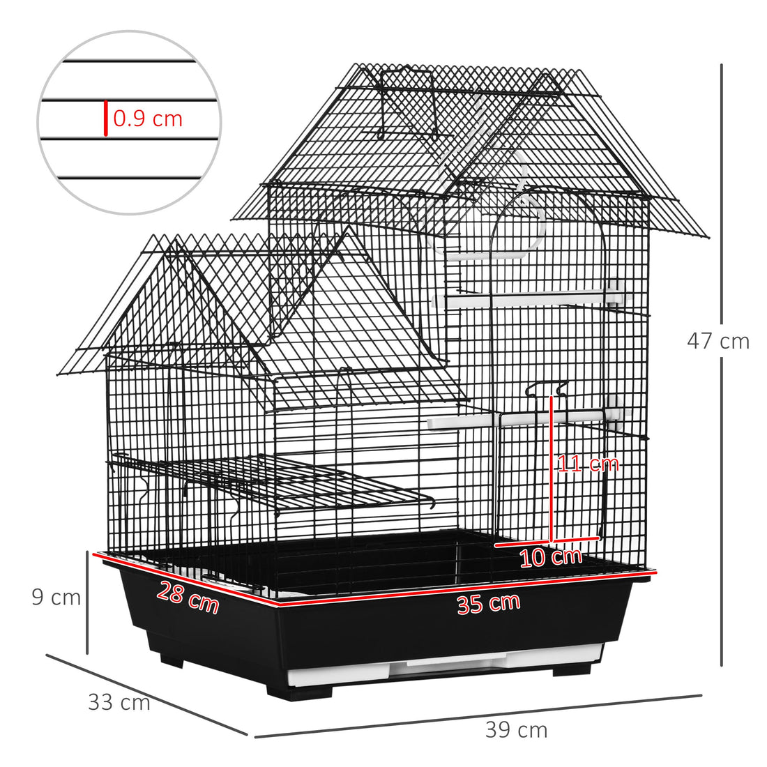 Metal Bird Cage for Finch, Canary w/ Food Containers, Swing Ring, Tray, Handle, 39 x 33 x 47cm