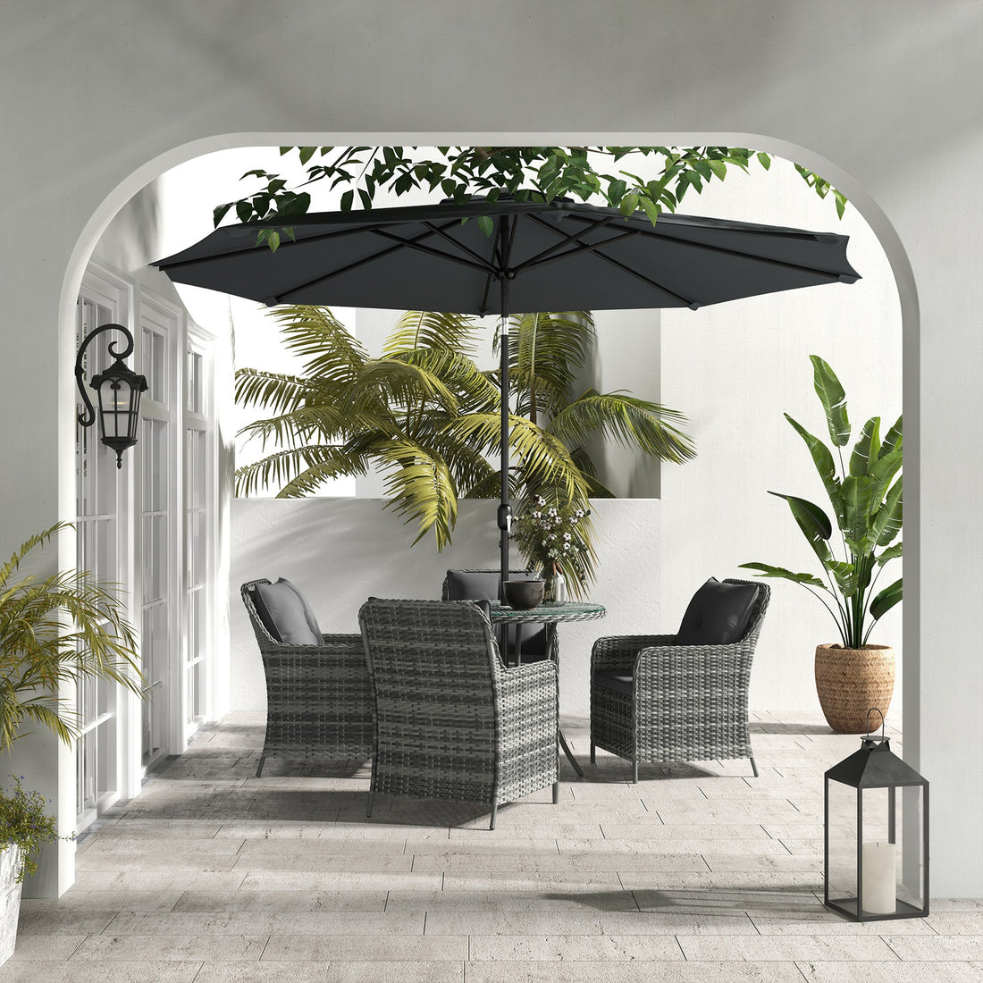 4 Seater Rattan Dining Set with Parasol & Cushions - Mixed Grey