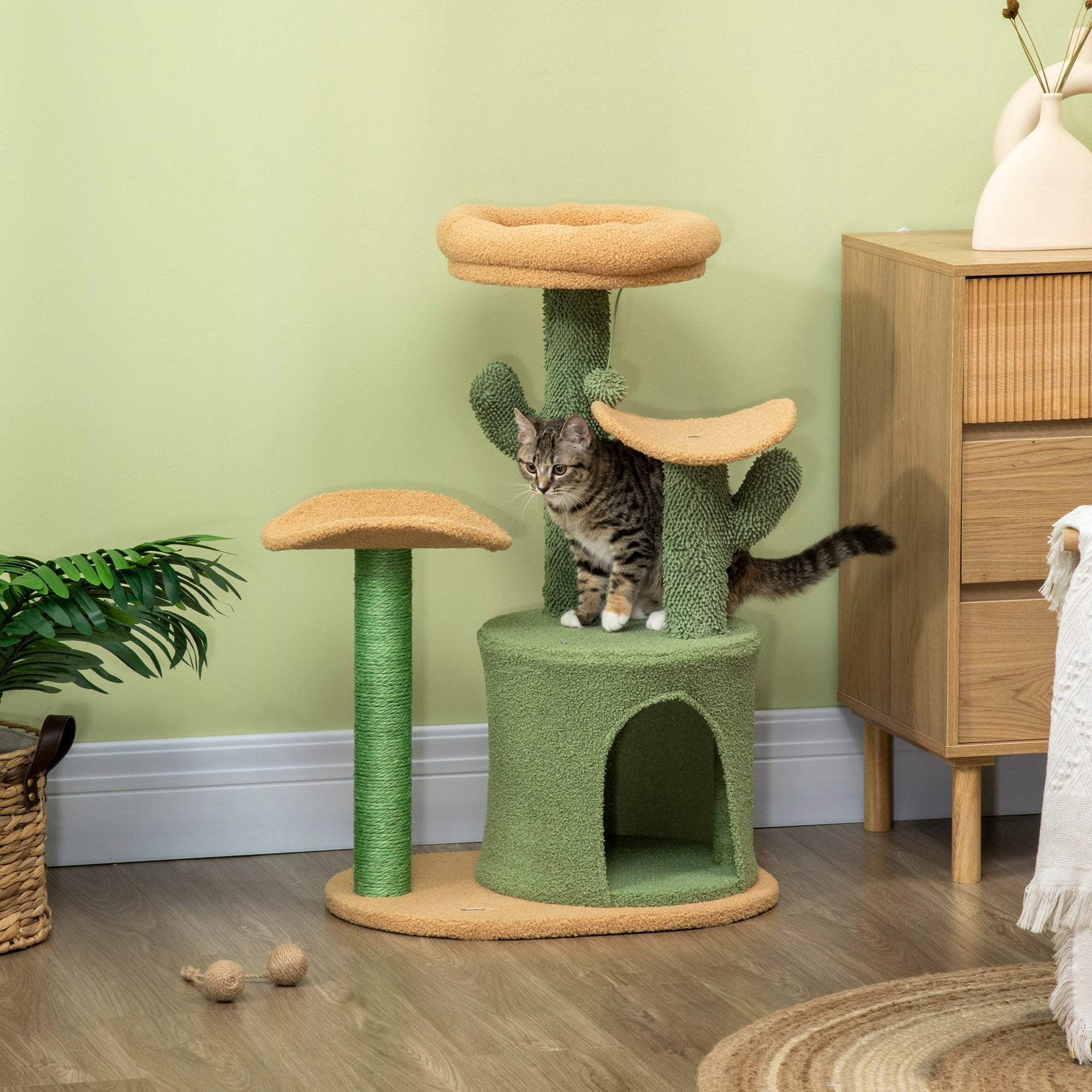 Multi Level Cat Tree, with Scratching Post, Toy Ball, Cat House, Bed - Green