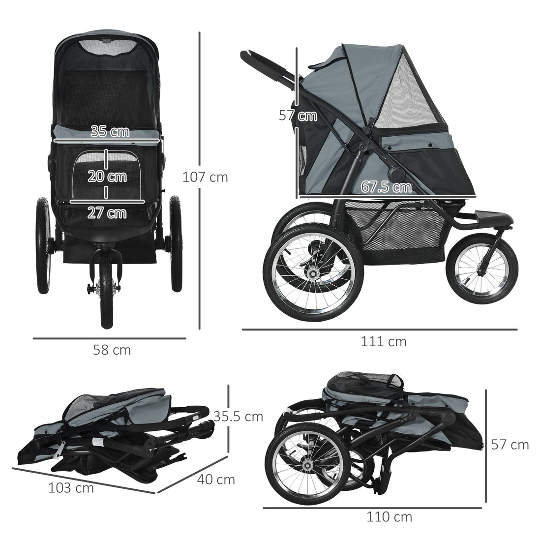 Dog Pram Dog Stroller Jogger Foldable Pet Pushchair for Medium, Small Dogs, w/ Rubber Wheels, Washable Cushion - Grey