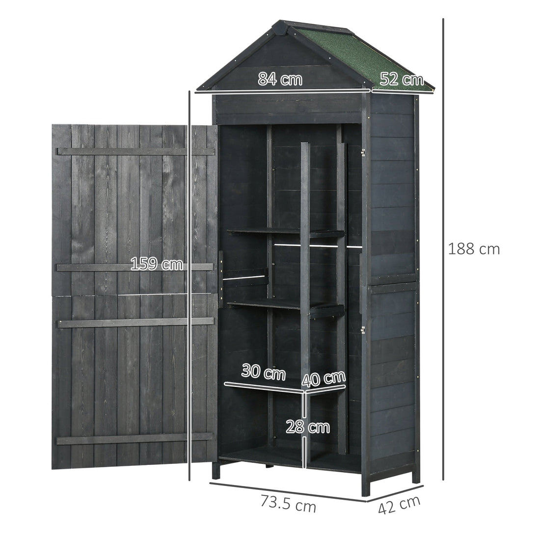 Garden Shed 4-Tier Wooden Garden Outdoor Shed 3 Shelves Utility Gardener Cabinet Lockable 2 Doors - Grey