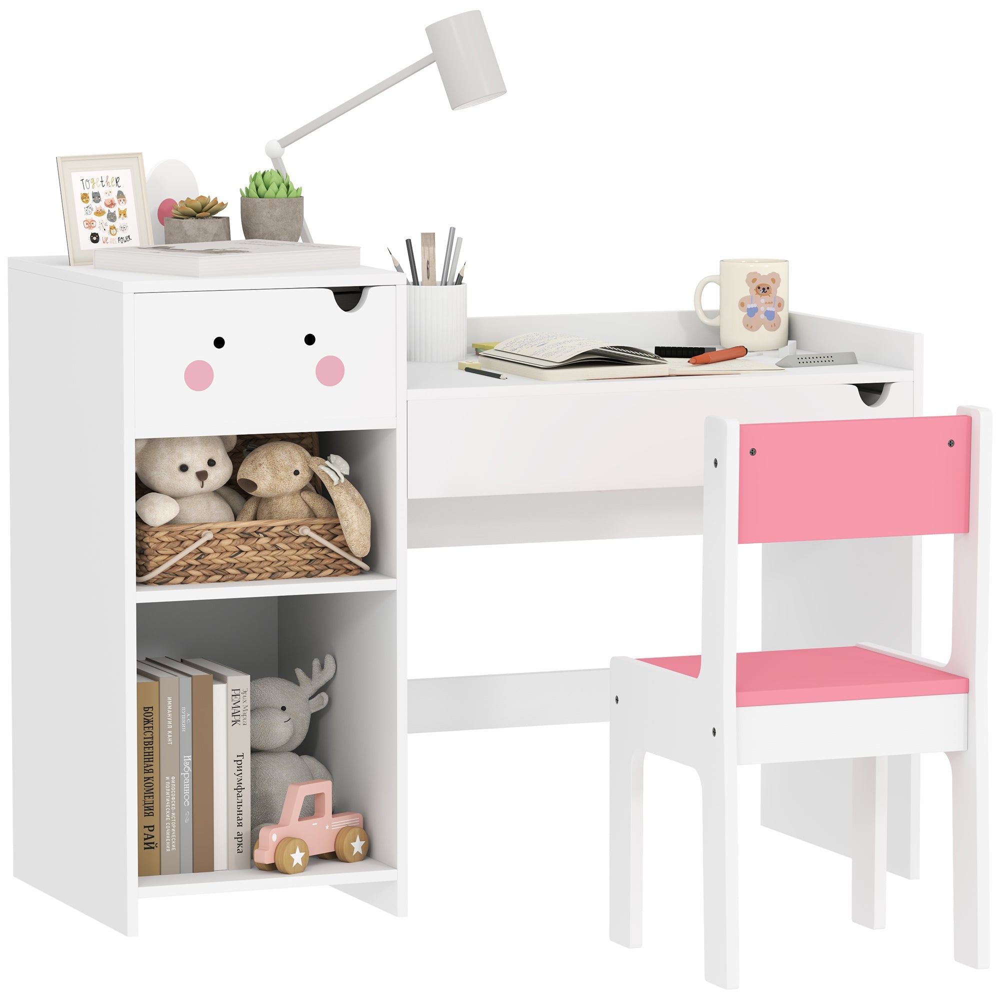 Rabbit-Themed Kids Desk and Chair Set with Bookcase, Drawers, Shelves, for Ages 3-6 Years, Whtie/Pink