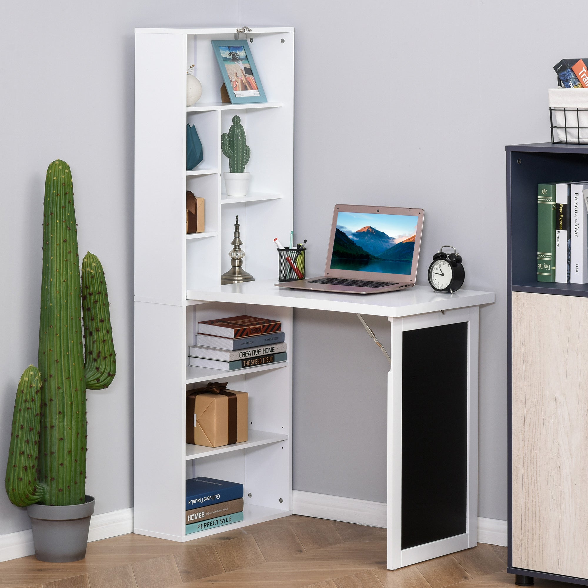 Wall Mounted Computer Desk, Folding Study Table with Black Board and Bookshelf, Multifunctional Floating Writing Desk for Home Office, White