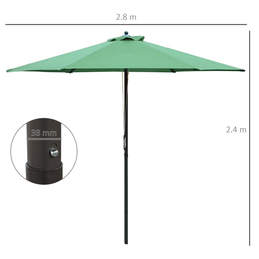 2.8m Garden Parasol Umbrella, Round Outdoor Market Table Umbrella Sun Shade Canopy, Green