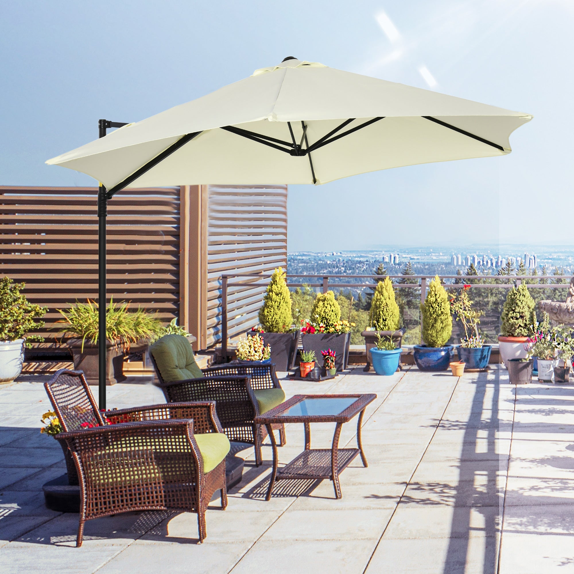 2.5M Garden Cantilever Parasol, Offset Roma Patio Umbrella Hanging Sun Shade Canopy Shelter with 360° Rotation and Cross Base, Beige