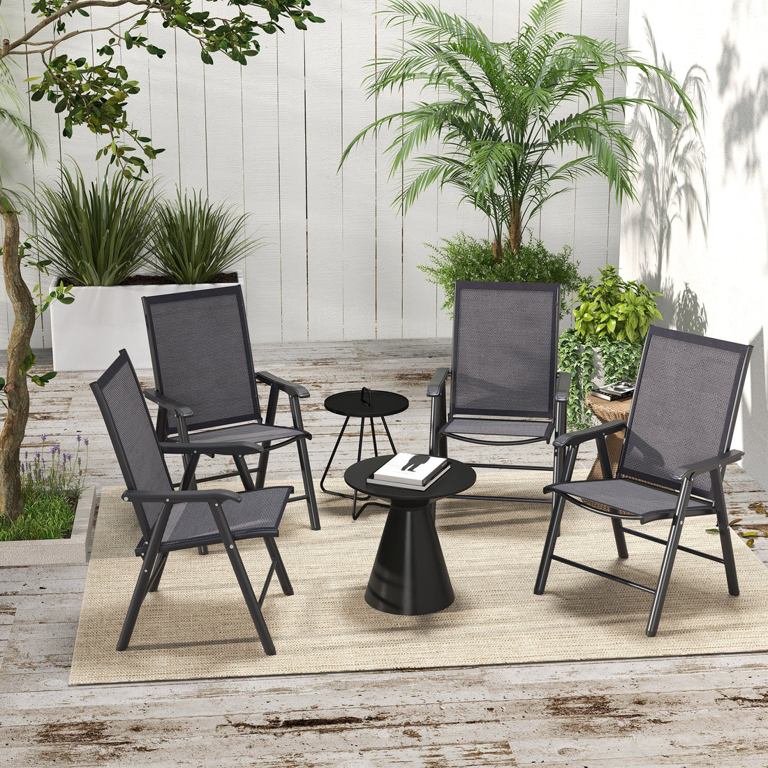 Set of 4 Foldable Metal Garden Chairs Outdoor Patio Park Dining Seat Furniture Charcoal Grey