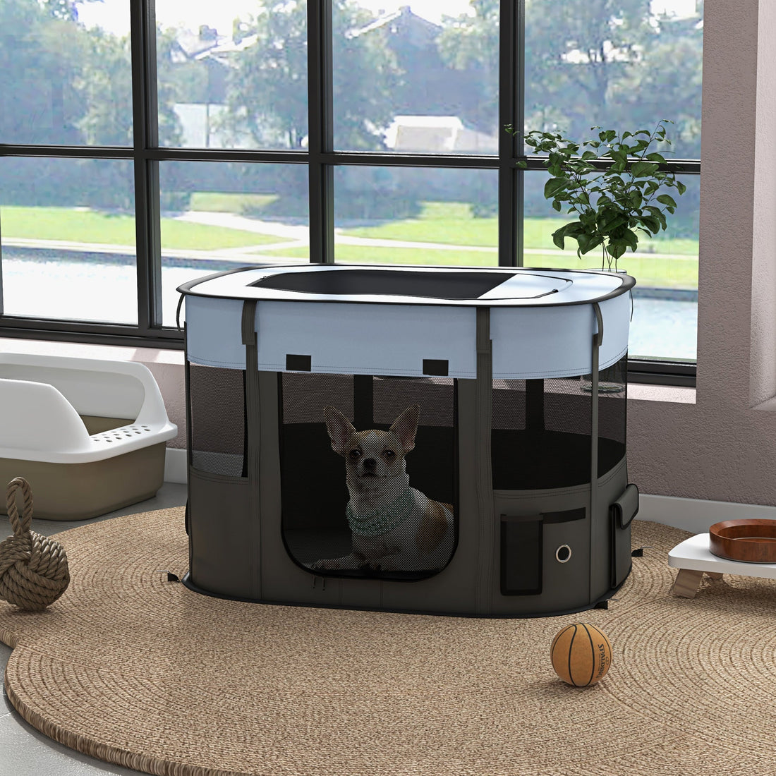 Foldable Dog Pen with Storage Bag for Indoor/Outdoor Use, Portable Pet playpen, with Ground Stakes - Grey