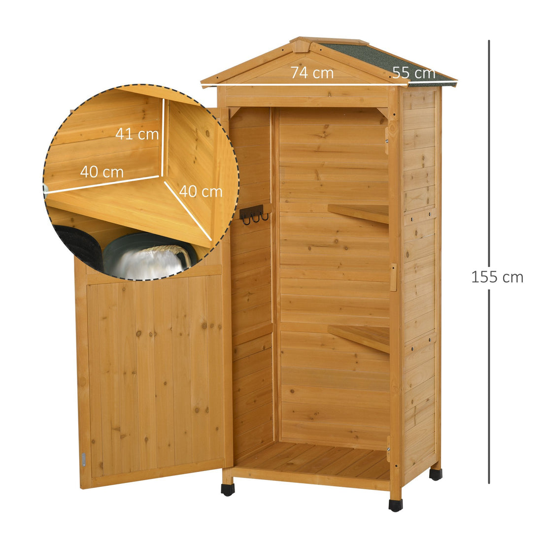 Wooden Garden Shed, Outdoor Storage Cabinet with 2 Shelves and Hooks, Locking Organiser Outdoor Narrow Tool House, 74x55x155cm, Yellow