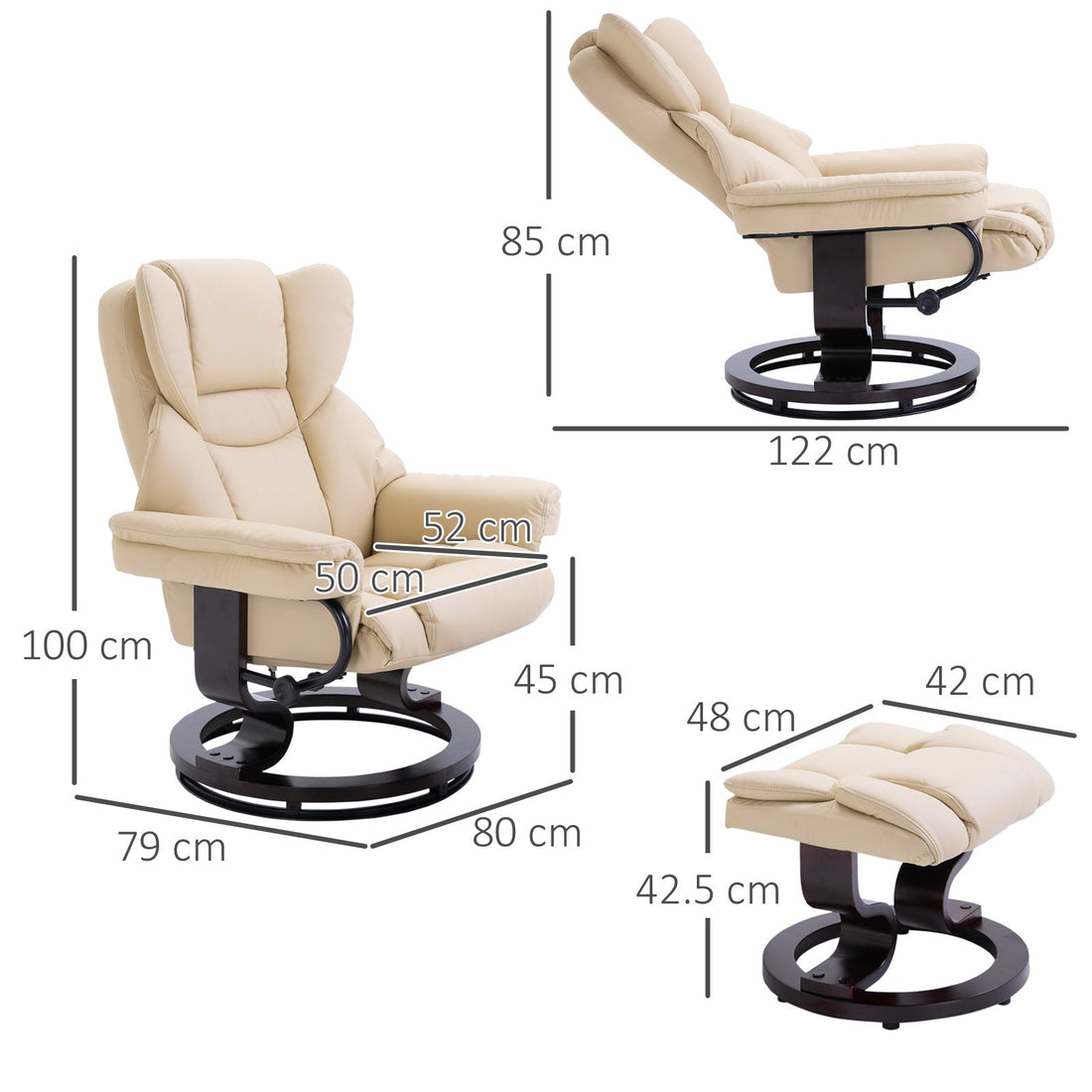 Faux Leather Recliner Chair and Footstool, Swivel Upholstered Armchair and Footstool with Adjustable Backrest, Solid Wood Base for Living Room, Cream