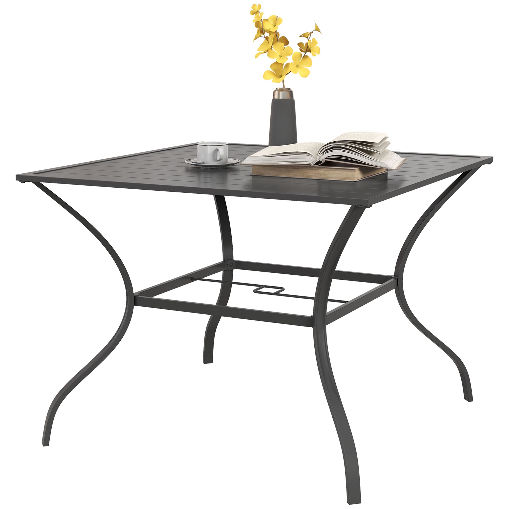 94 x 94 cm Garden Table with Parasol Hole, Outdoor Dining Garden Table for Four with Slatted Metal Plate Top, Dark Grey