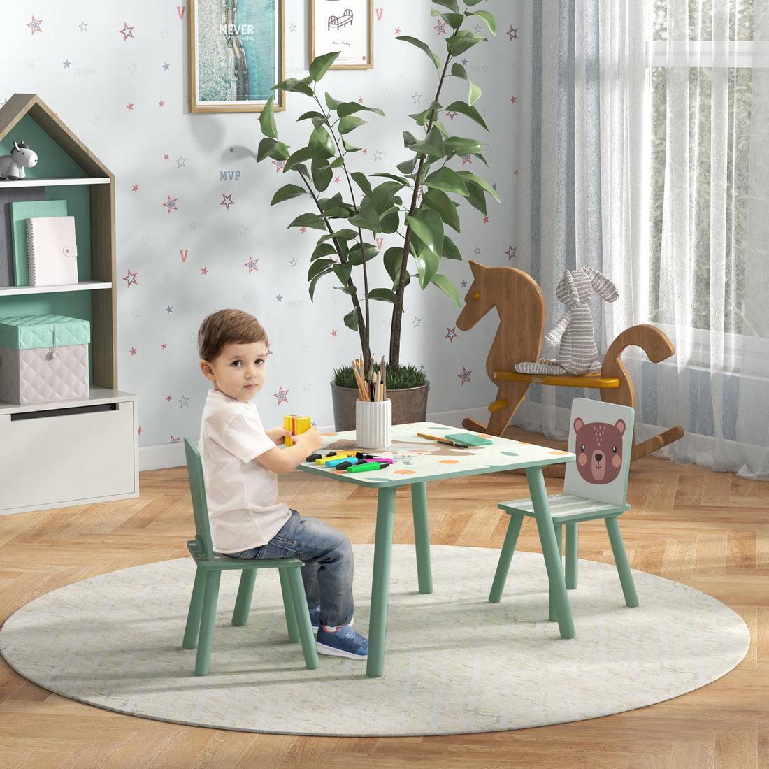 Kids and Table Chairs, Children Desk with Two Chairs, Toddler Furniture Set, for Ages 3-6 Years - Green