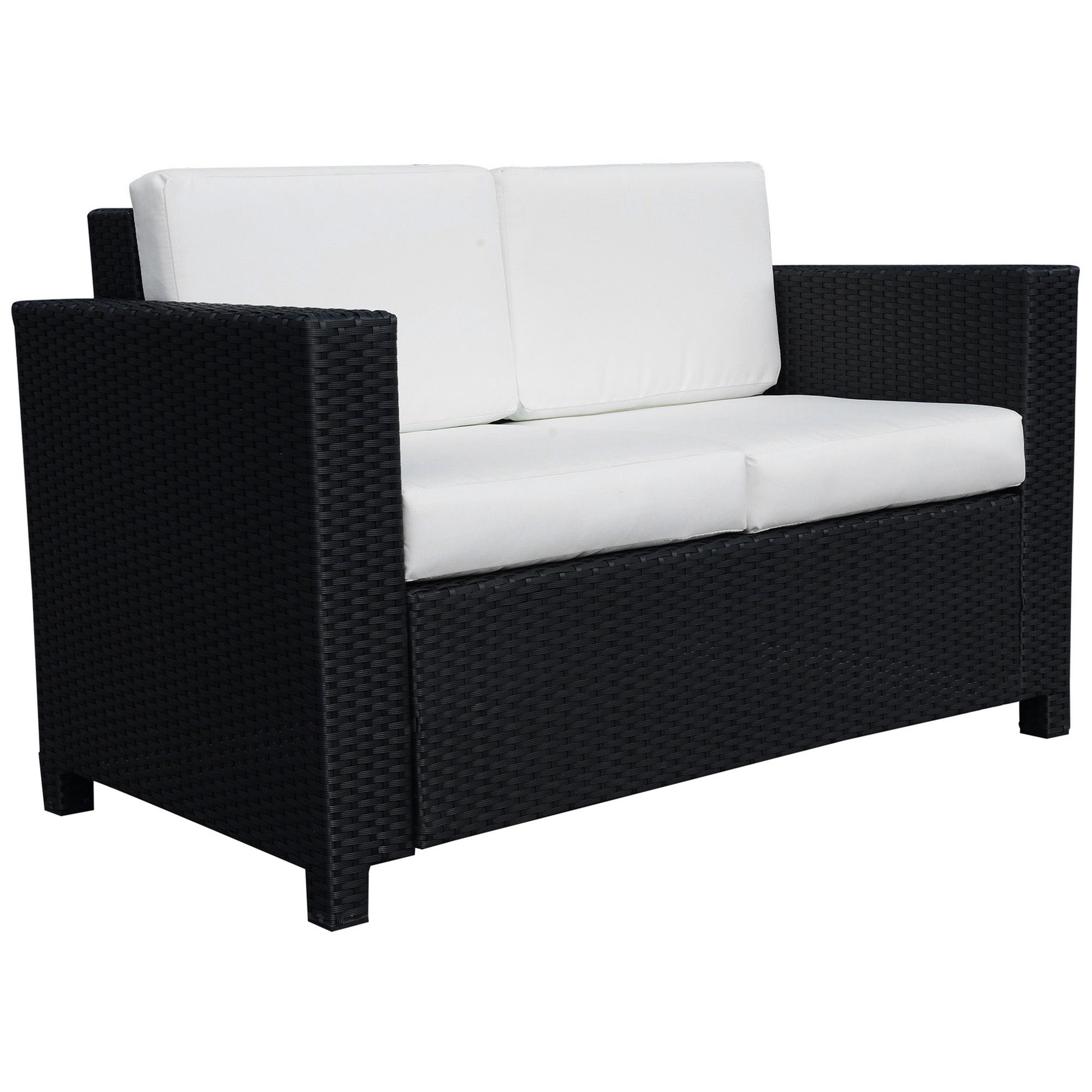 Rattan Sofa, 2 Seater Garden Furniture with Soft Padded Cushion and Armrests, Wicker Garden Loveseat for Patio, Black