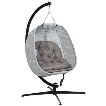 Hanging Egg Chair Outdoor Indoor Garden Swing Chair with Folding Basket, Garden Hanging Chair with Stand, Thickened Cushion, Cup Holder for Patio, Balcony, Sand Brown