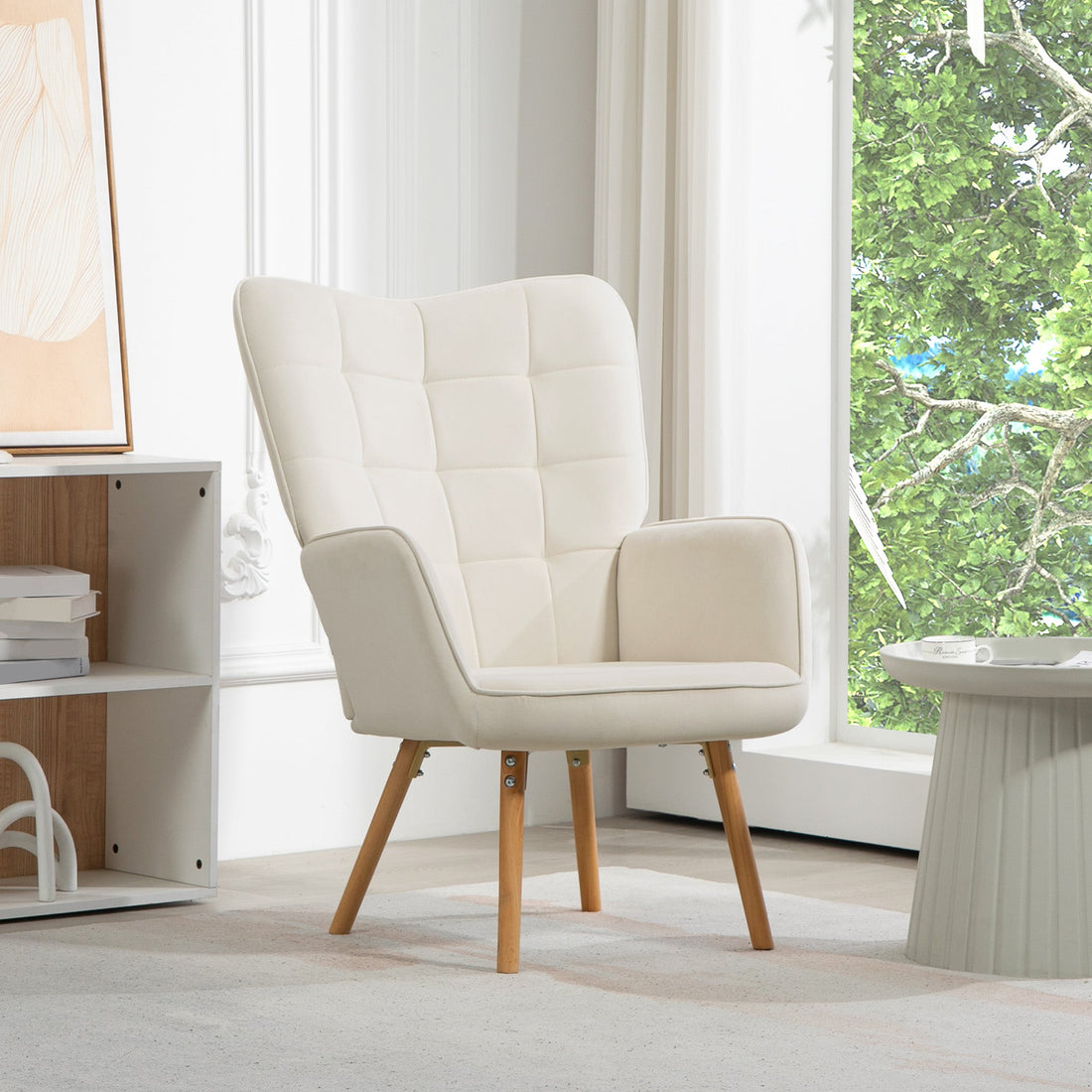 Modern Accent Chair, Upholstered Tufted Wingback Armchair with Seat Padding, Velvet Leisure Lounge Bedroom Chair with Wood Legs, Cream White