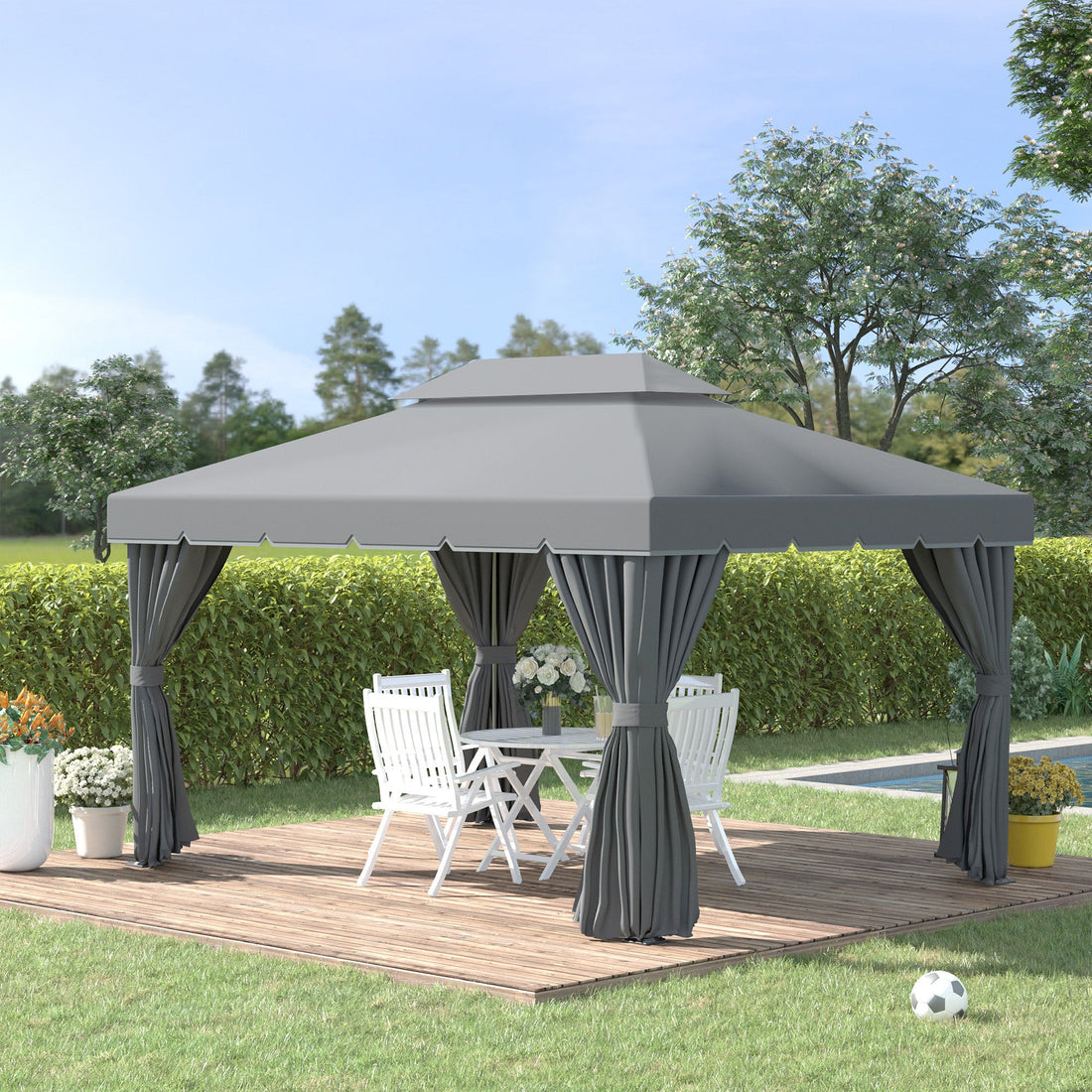 3 x 4m Aluminium Garden Gazebo, Marquee Canopy Shelter Pavilion Party Tent with Nets and Curtains for Garden and Deck, Dark Grey