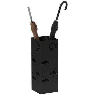 Metal Umbrella Stand, Square Umbrella Holder with Removable Drip Tray and 4 Hooks, Decorative Umbrella Storage Rack for Hallway, Entryway, 15.5 x 15.5 x 41 cm, Black