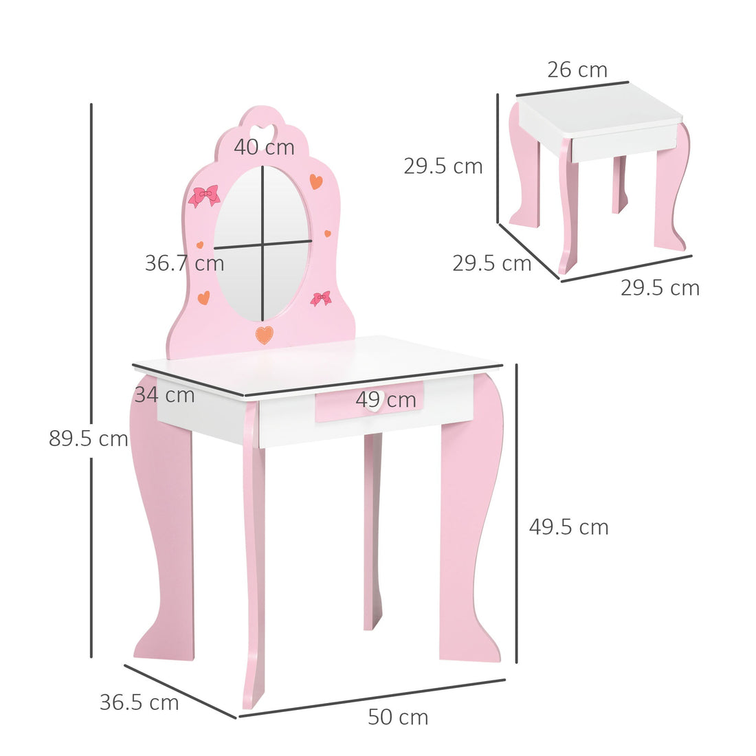 Kids Dressing table Set w/ Mirror, Stool, Drawer, Cute Patterns, for Ages 3-6 Years - Pink