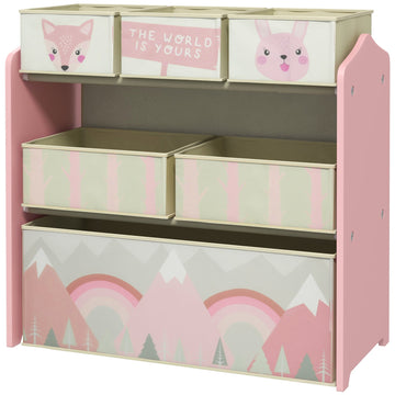 Kids Storage Unit, Toy Storage Organiser, with Six Fabric Bins, for Bedrooms, Playrooms, Nurseries - Pink