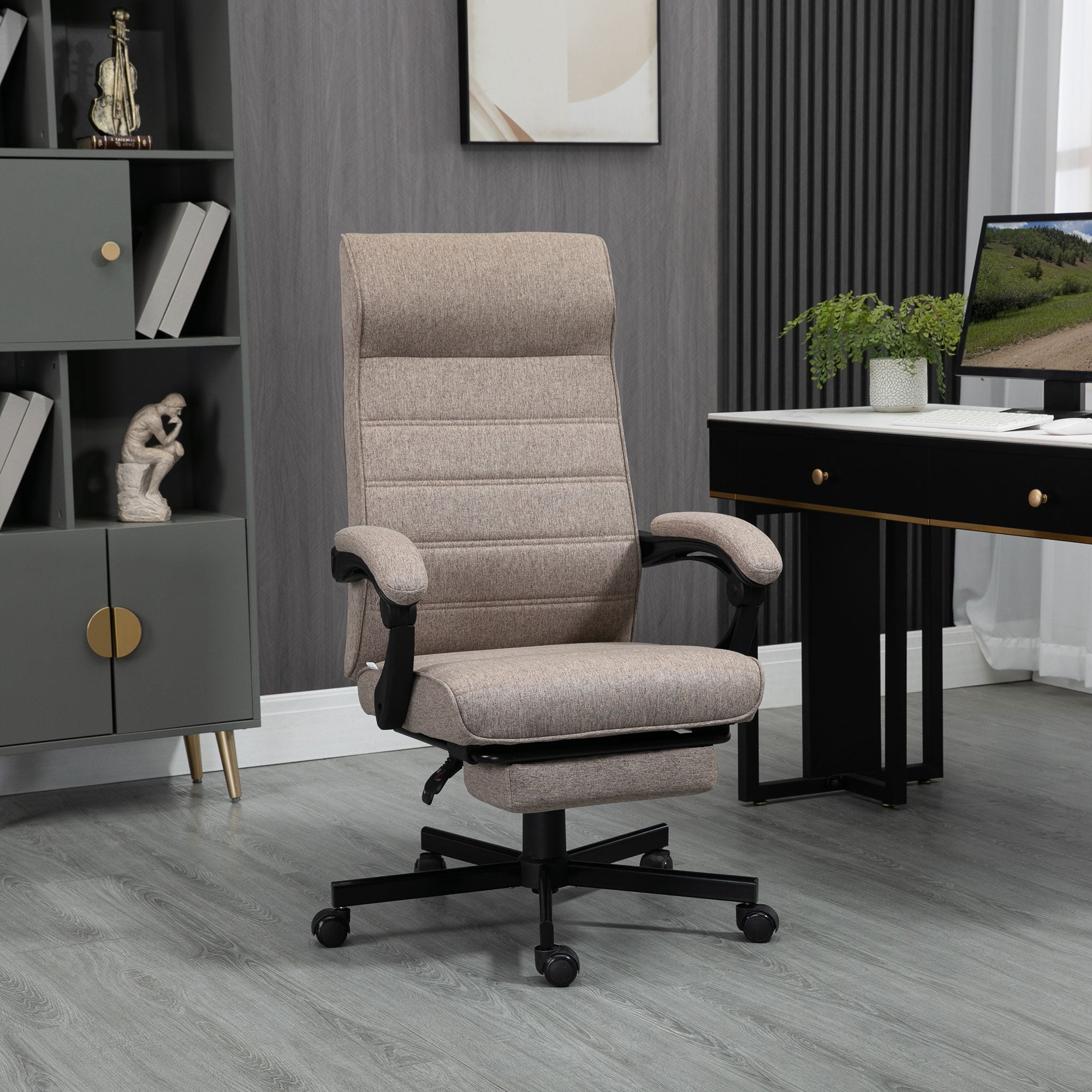 Vinsetto High-Back Home Office Chair, Linen Swivel Reclining Chair with Adjustable Height, Brown