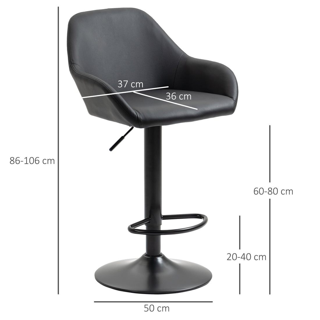 Bar Stools Set of 2, Height Adjustable Swivel Barstools, PU Leather Kitchen Stools with Backs, Armrests and Footrest for Home, Counter and Dining Room, Black