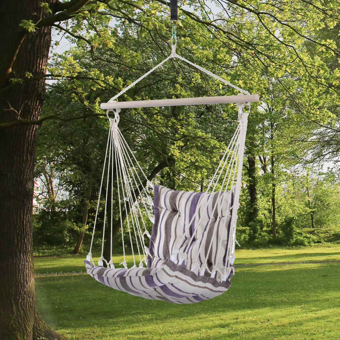 Outdoor Hanging Rope Chair with Soft Padded Seat & Backrest, Garden Hammock Chair with Wooden Support Bar Cotton Cloth, Portable Garden Chair for Patio & Tree, Brown