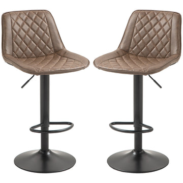 Bar Stools Set of 2, Retro Adjustable Kitchen Stool, Swivel PU Leather Upholstered Bar Chairs with Back, Footrest and Steel Base, Brown