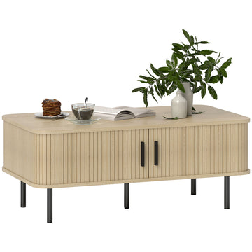 Coffee Table with Storage, Living Room Table with Slatted Tambour Sliding Doors and Foot Pads, Rectangular Coffee Table with Elevated Base for Living Room, Oak
