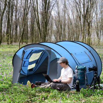 4-5 Person Pop-up Camping Tent Family Tent w/ 2 Mesh Windows & PVC Windows Portable Carry Bag for Outdoor Trip, Sky Blue